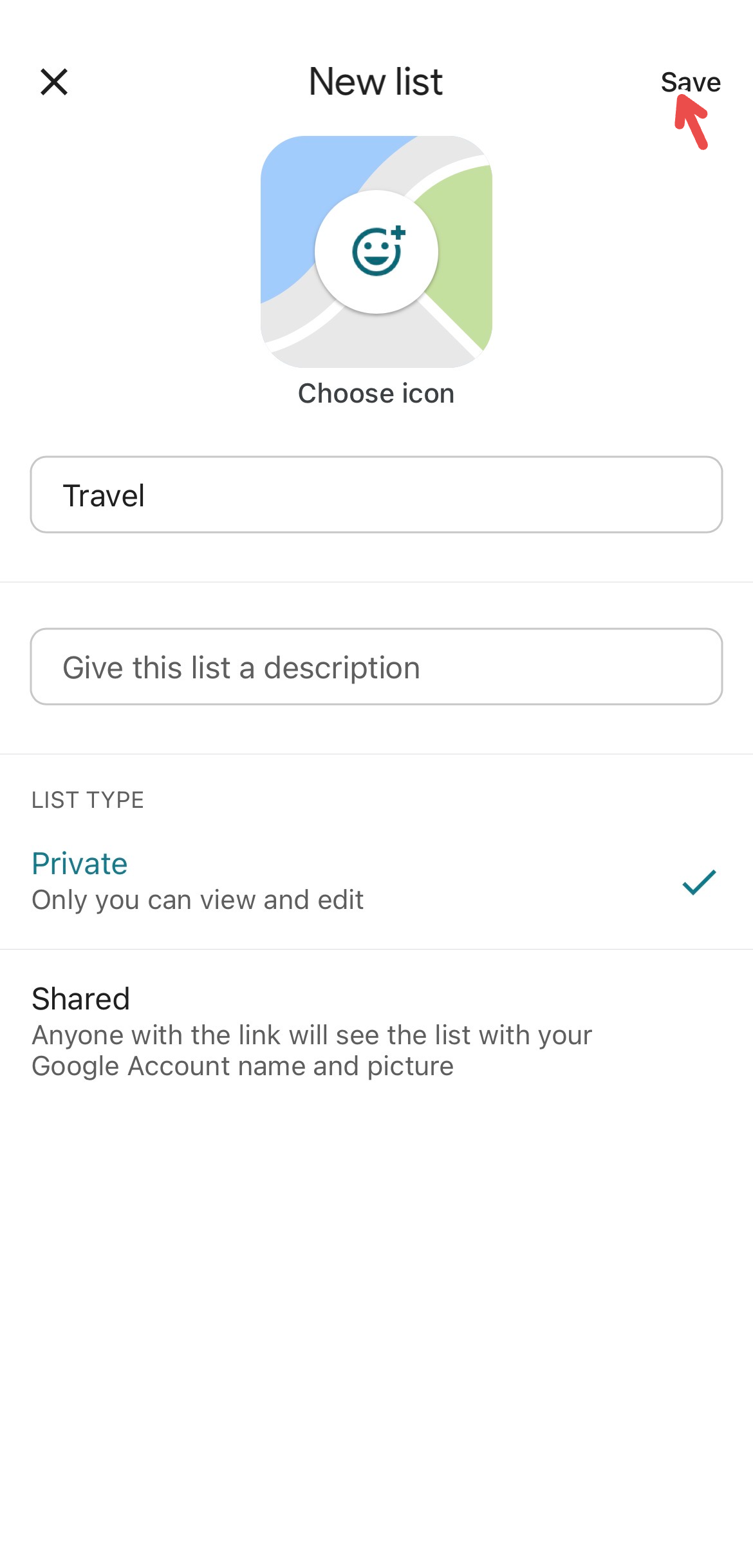 Saving a new list on Google Maps.