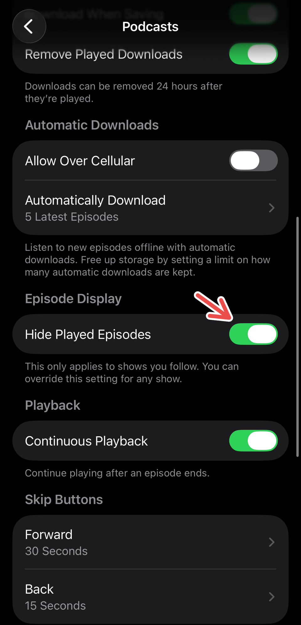 Ocultar episodios reproducidos para Podcasts en iPhone.