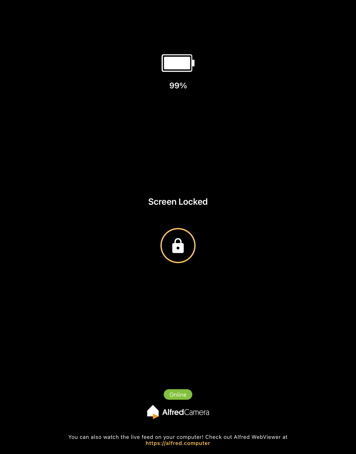 Bloqueio de tela do AlfredCamera para uma câmera de transmissão ao vivo.