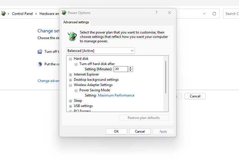 A screenshot of Windows 11 Advanced power options. Power saving mode is set to Maximum Performance.