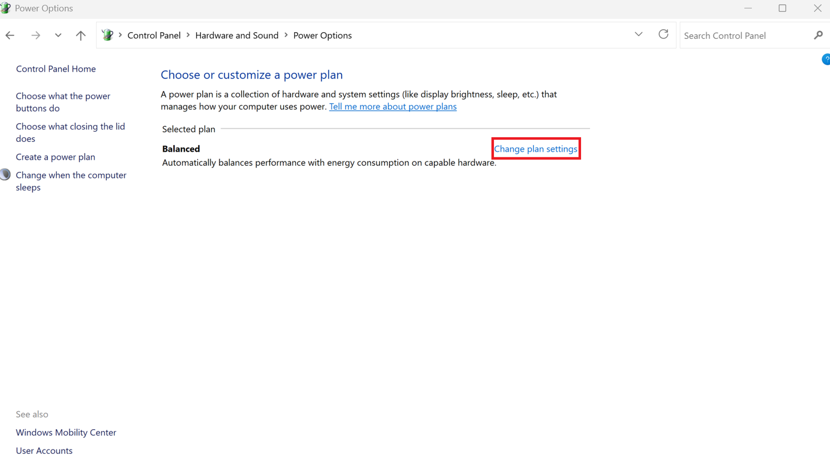 A screenshot of the Windows 11 control panel open to the Power Options. Change plan settings is highlighted in red.