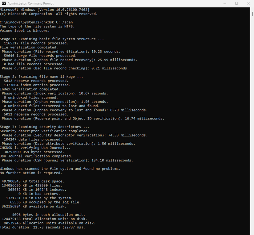 A screenshot of Windows 11 command prompt showing the result of a quick scan.