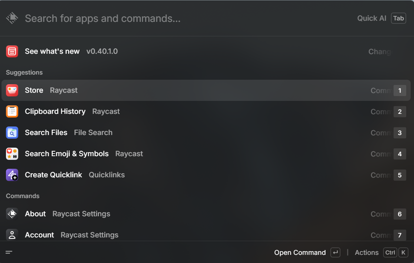 A screenshot of the Raycast Command Pallete showing the default suggestions.