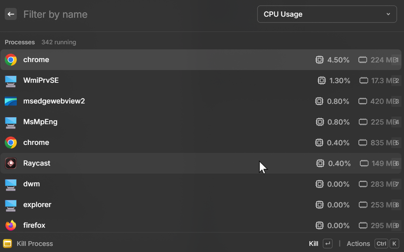 Uma captura de tela do processo Raycast Kill aberto mostrando todos os aplicativos e serviços em execução no Windows.