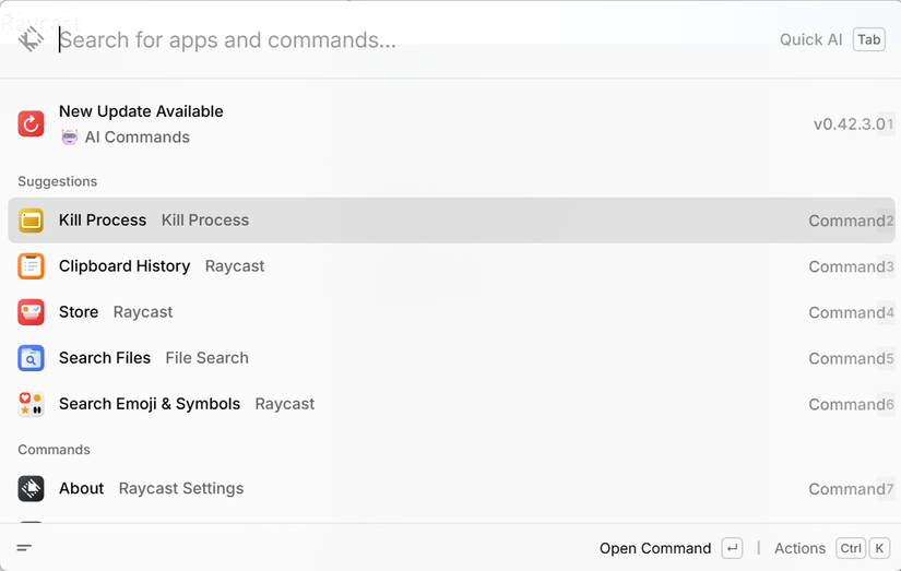 A screenshot of Windows 11 with the Raycast command palette open.