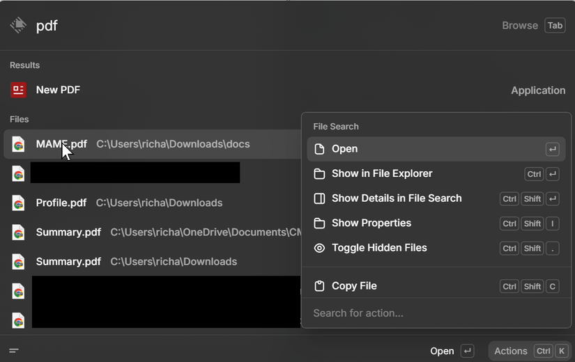 Uma captura de tela da tela de pesquisa do Raycast com o menu de contexto do botão direito aberto em um PDF.