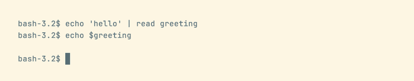 A command that pipes a value into read, then outputs the resulting variable, which is still empty.