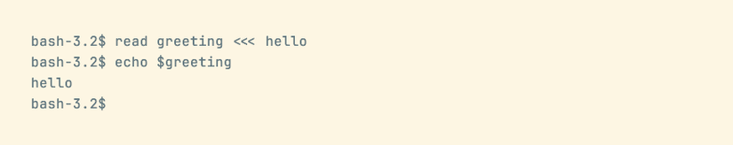 The read command with a here string that correctly populates a variable.