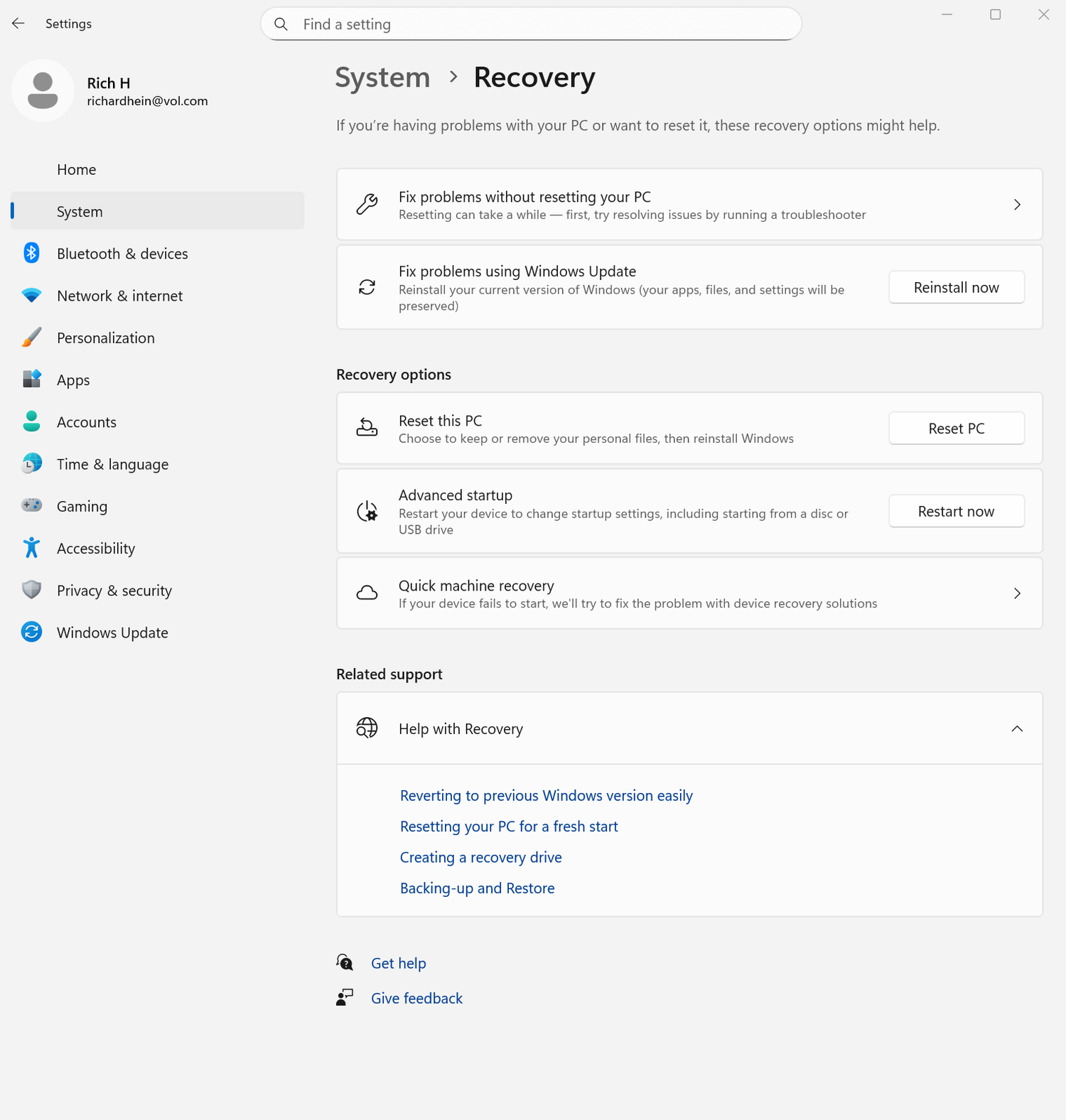 A screenshot of Windows 11 Settings open to the Recovery tab