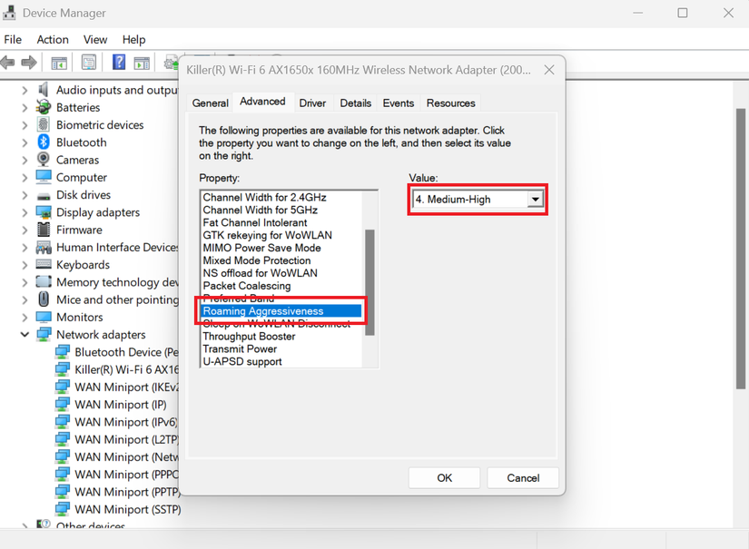 A screenshot of Windows 11 open to the device manager open to the Network adapter properties. Roaming Aggressiveness and medium-high are highlighted in red.
