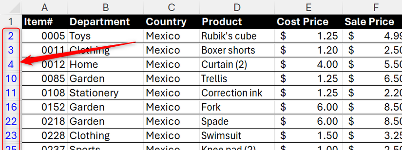 Row numbers in an Excel spreadsheet are blue to signify that a filter is applied.