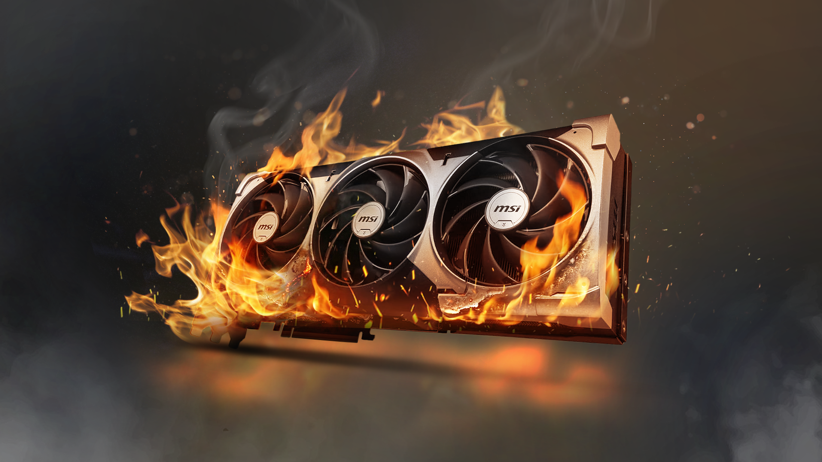 RTX 5090 engulfed in flames against a dark background.