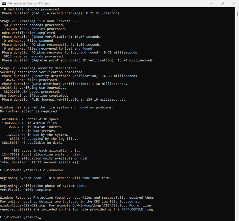 Uma captura de tela do prompt de comando do Windows 11 mostrando os resultados do comando scannow.