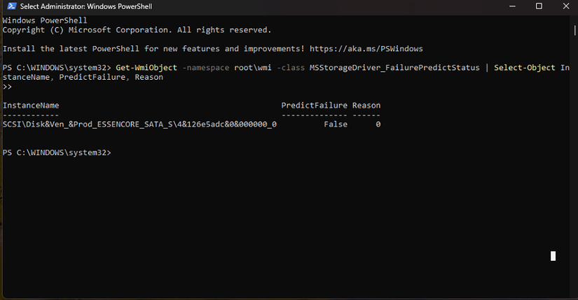 Previsão de falha do SMART Drive no Windows PowerShell.
