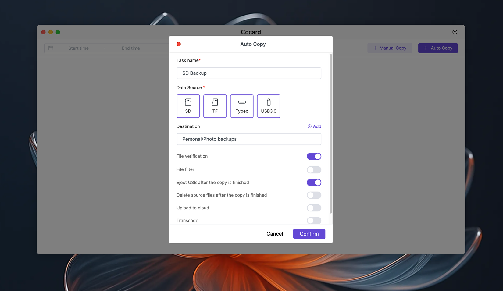 A screenshot of ZettOS on the Zettlab D4 NAS showing the automatic backup software for backing up a SD card with the press of a button.