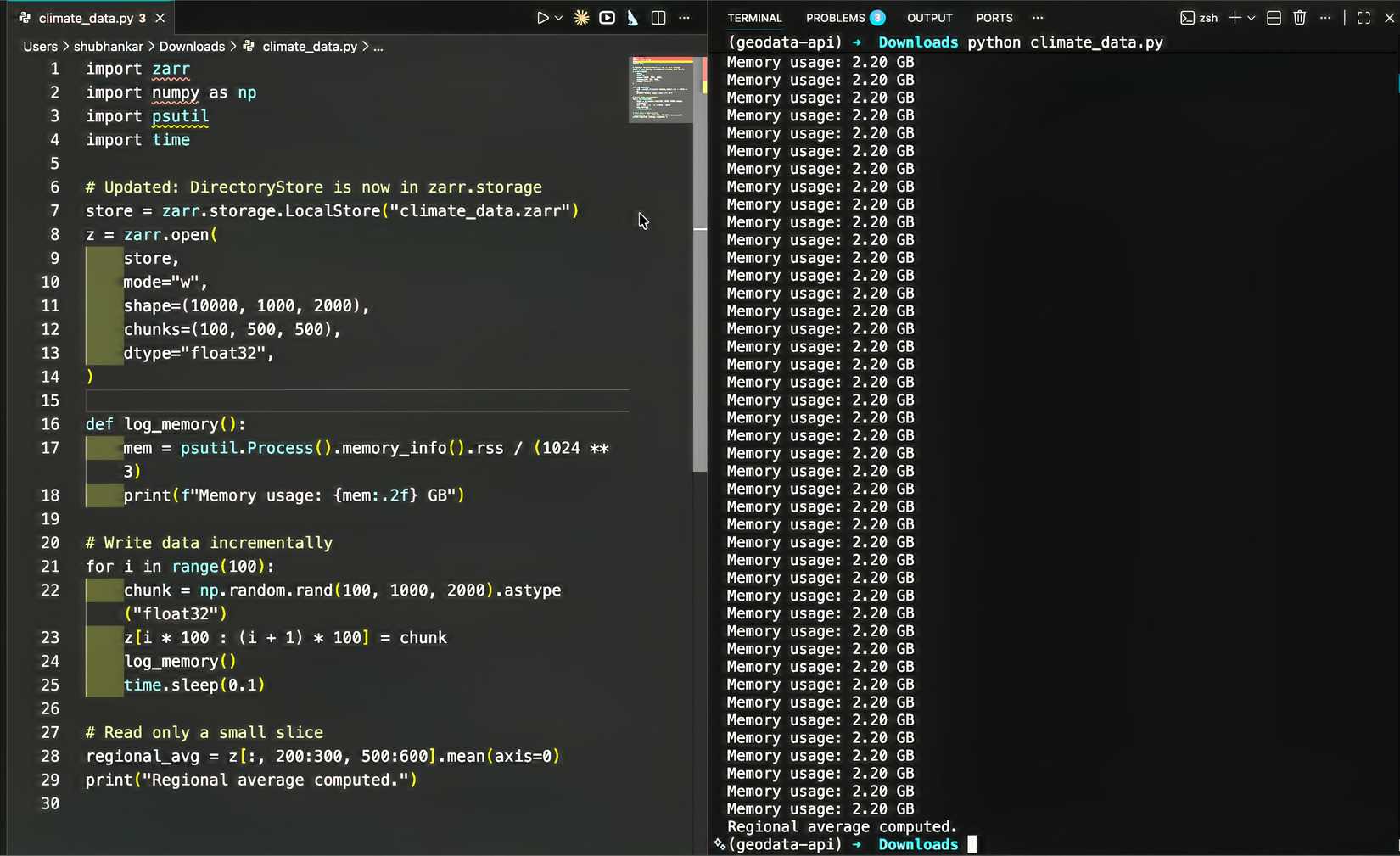 “Python code writing and reading a 2TB Zarr array in chunks, showing terminal output with stable memory usage around 4 GB, demonstrating efficient processing on a standard laptop.