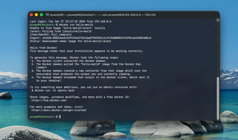 The Hello World Docker container being run on an Ubuntu server.