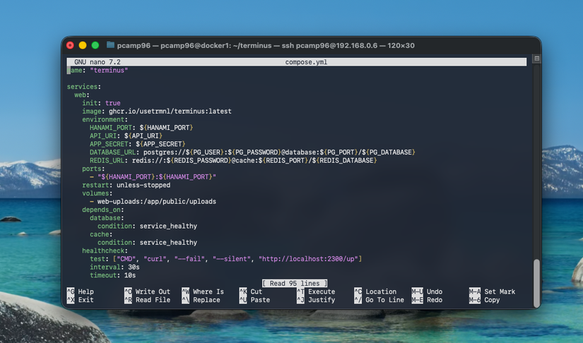 A terminal running nano showing a Docker Compose file for Terminus.