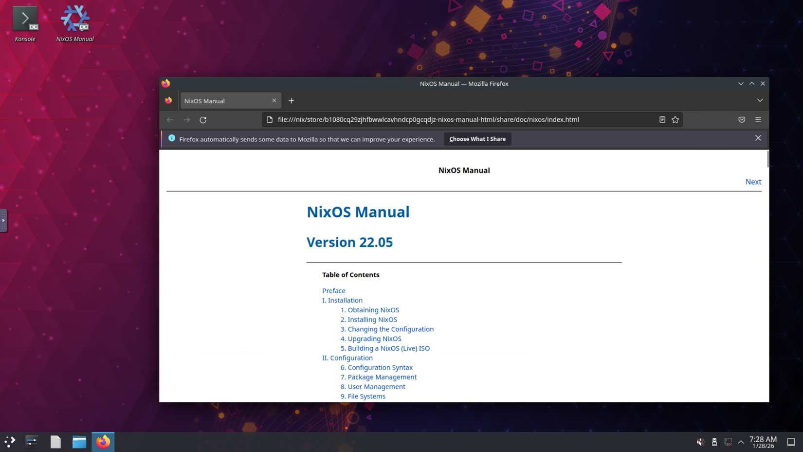 Captura de pantalla del escritorio nixos kde que muestra el manual de nixos abierto en un navegador Firefox 