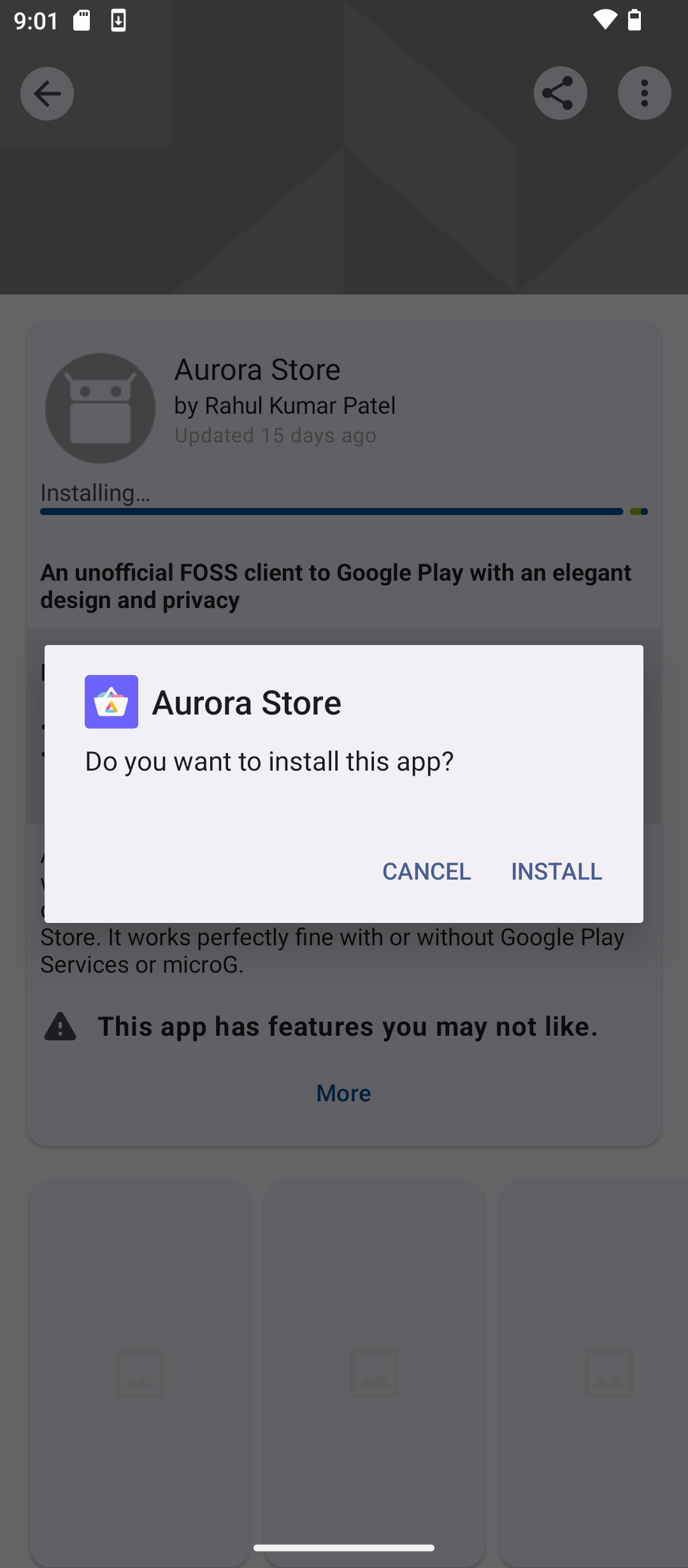 Installing Aurora Store from F-Droid.