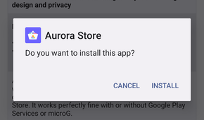 Installing Aurora Store from F-Droid.