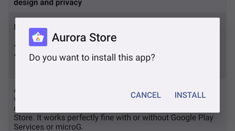 Installing Aurora Store from F-Droid.