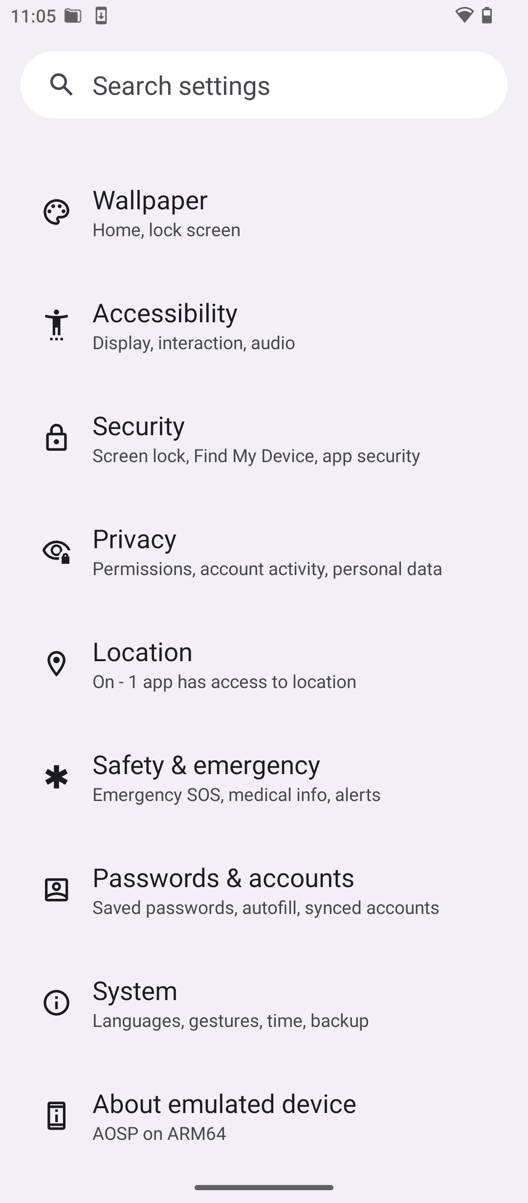 Stock Android settings app.