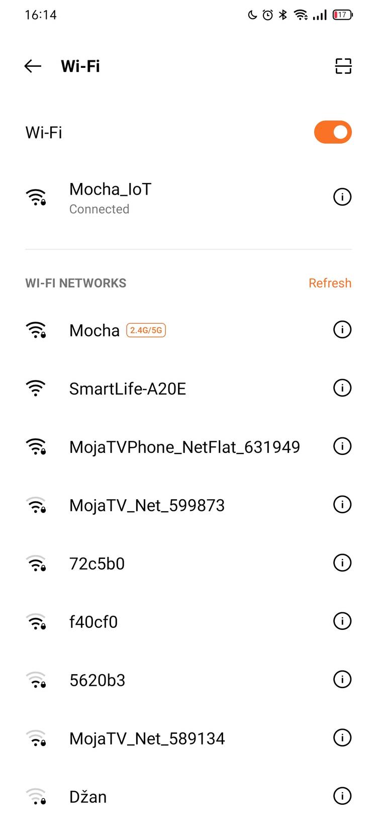 A list of Wi-Fi APs on an Android phone.