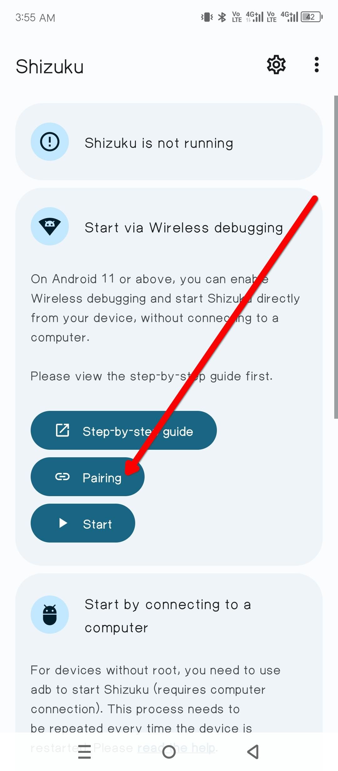 Pairing Shizuku with wireless debugging.