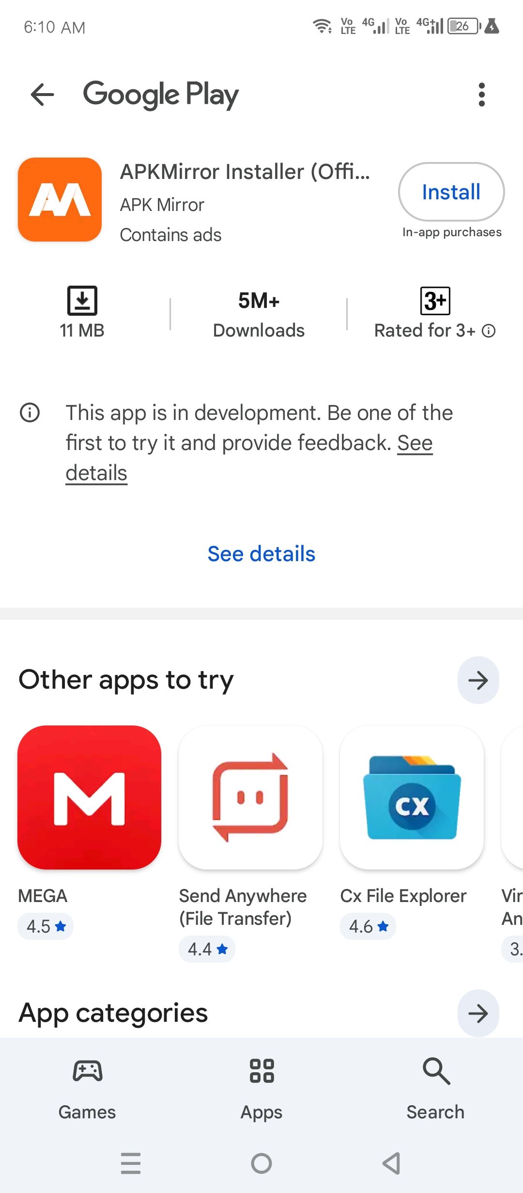 Installing the APKMirror Installer from Play Store.