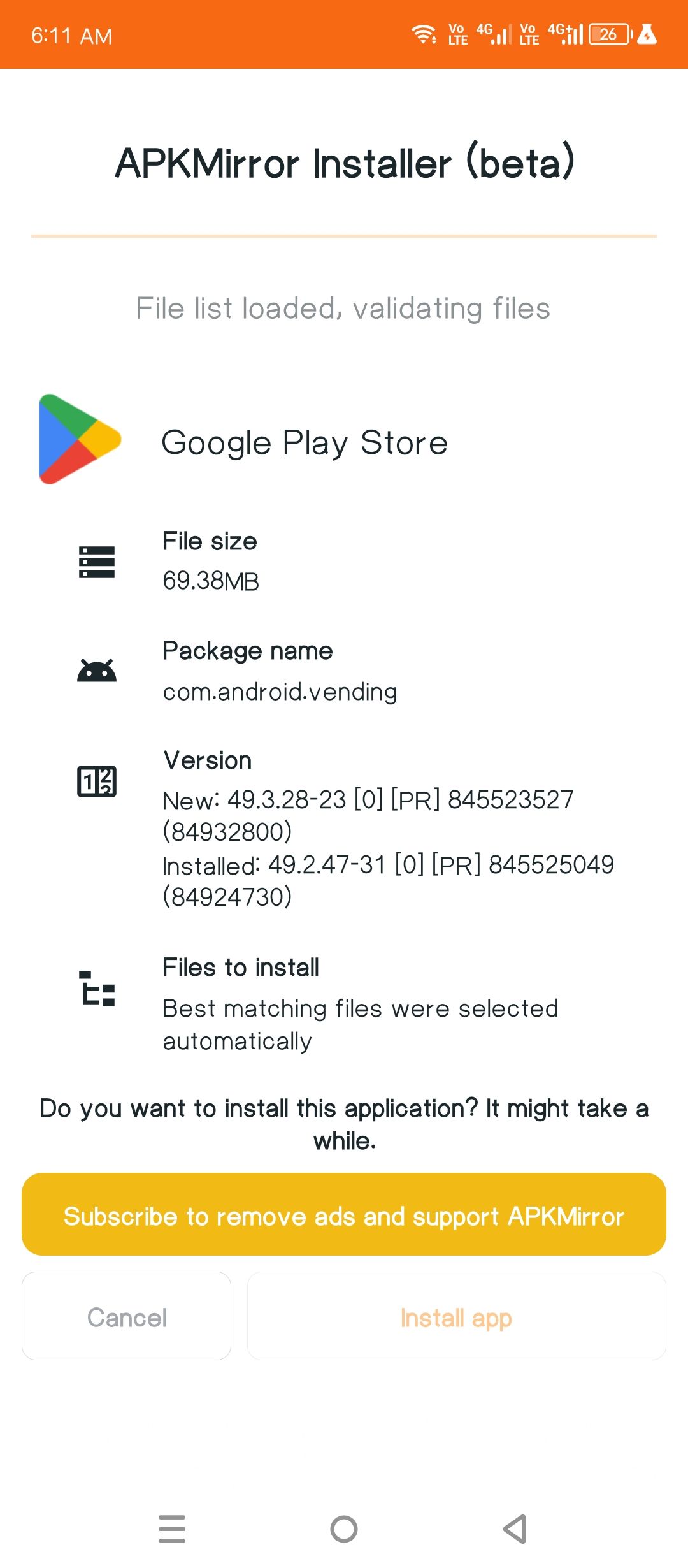 Using the APKMirror installer to install an app bundle.