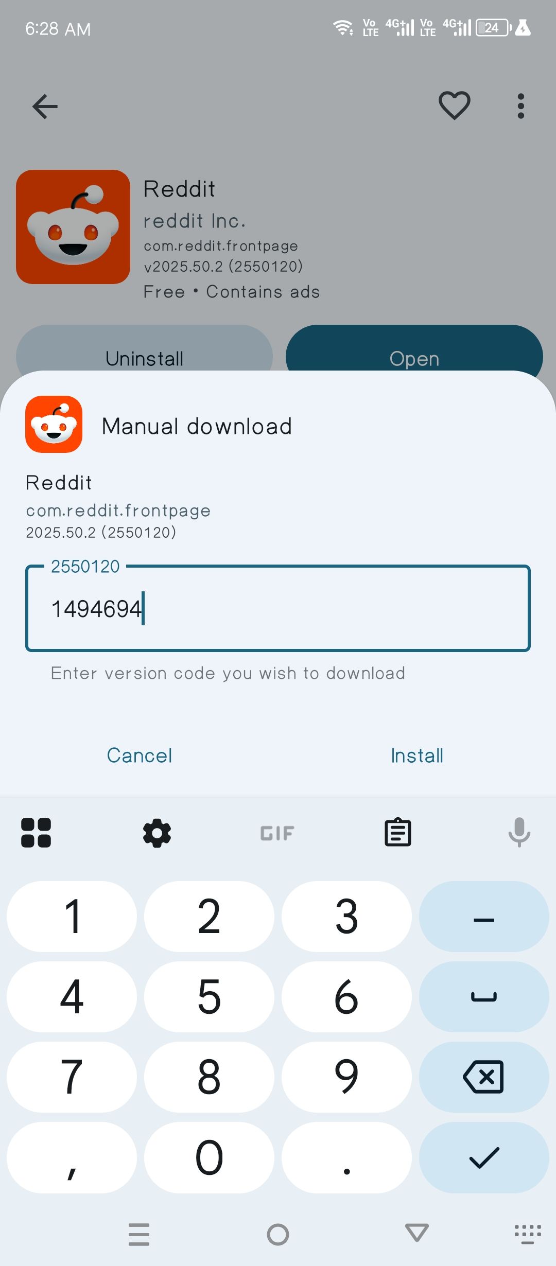 Using version codes to install an app with Aurora.