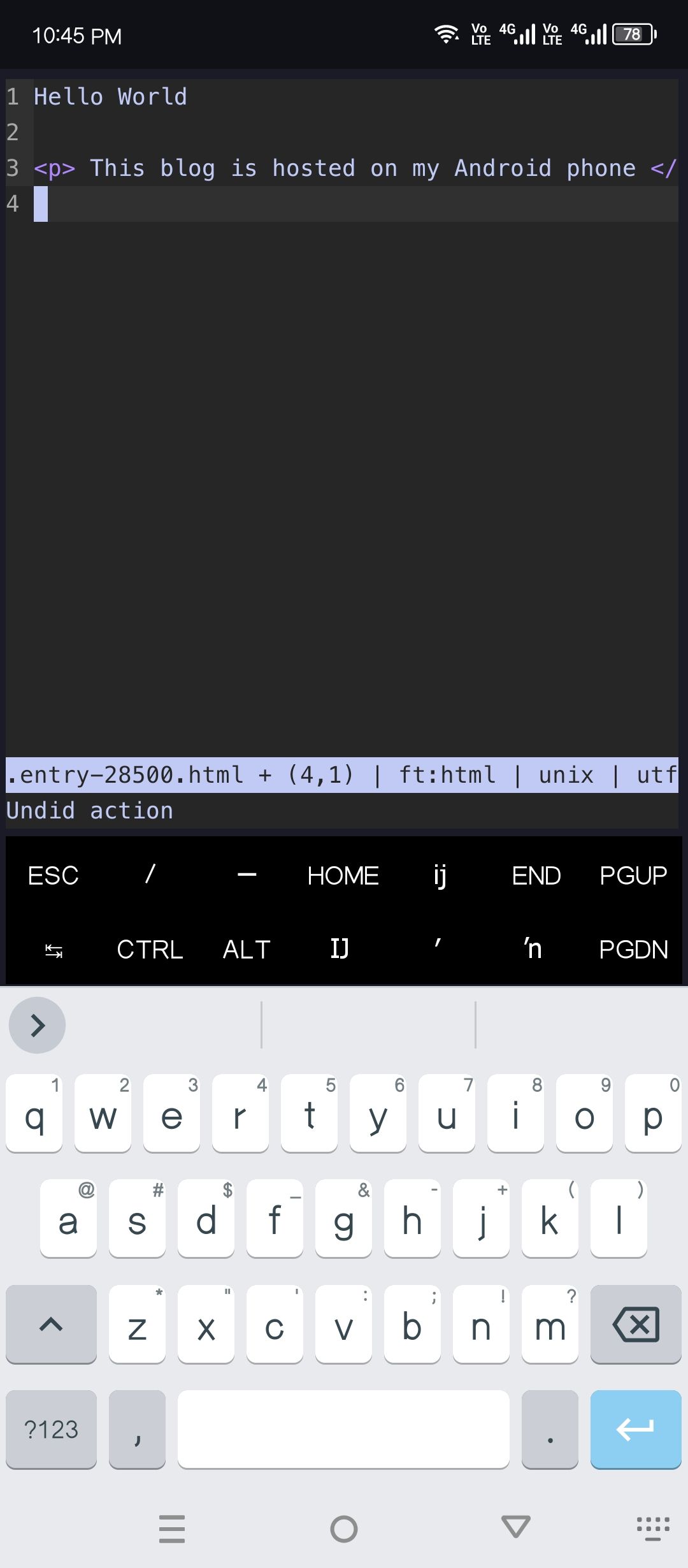 Using Micro to write a blog post in Termux.