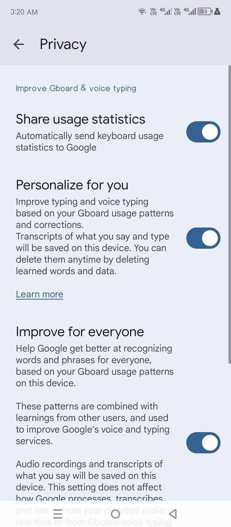 Disabling Gboard telemetry features to make it more private.