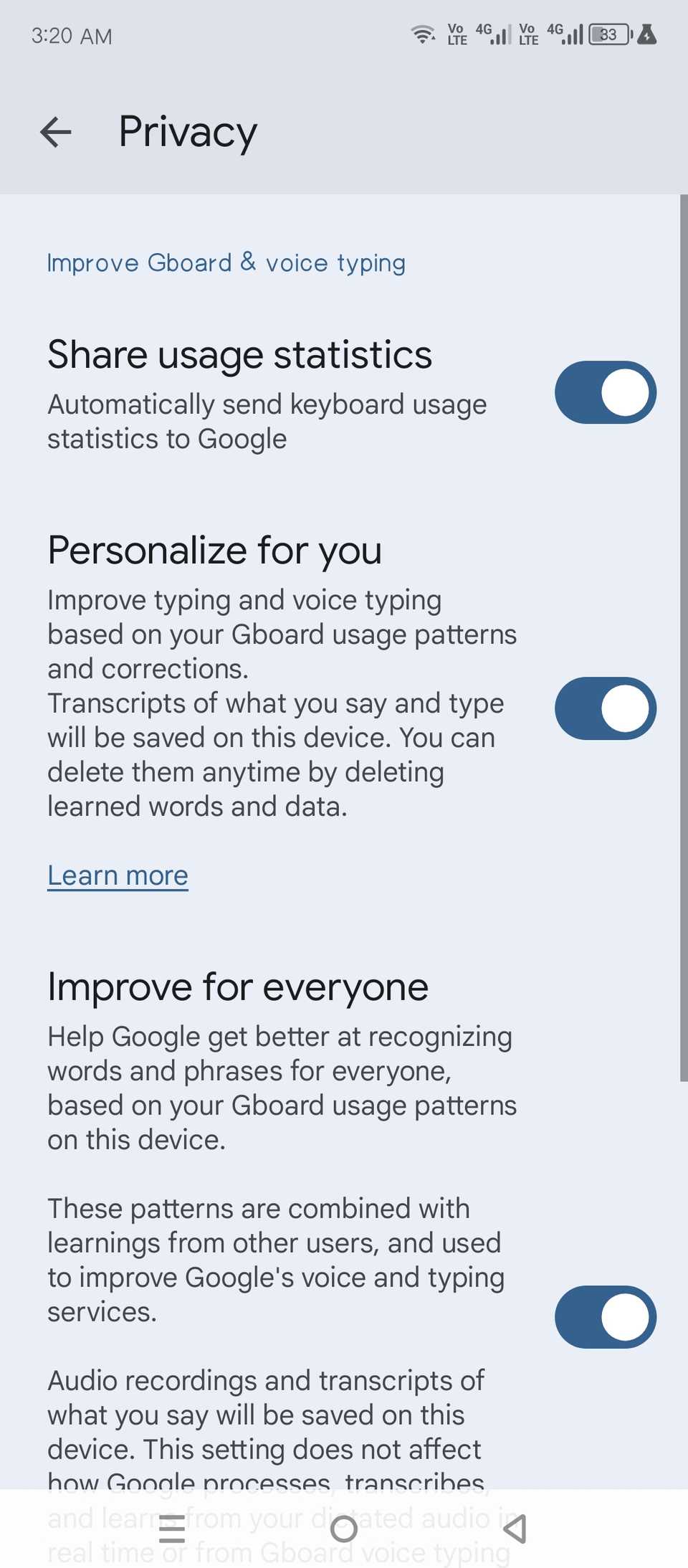 Disabling Gboard telemetry features to make it more private.