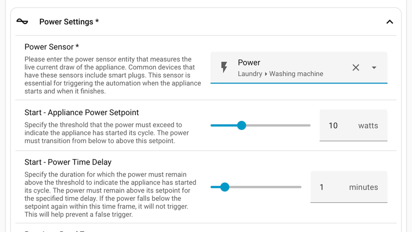 Select a power sensor and set thresholds for your automation.