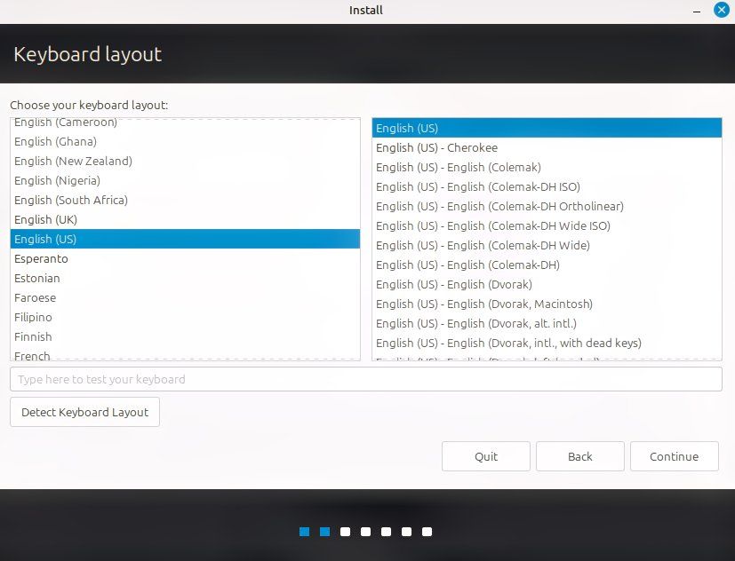 Selecting keyboard layout when installing Linux Mint