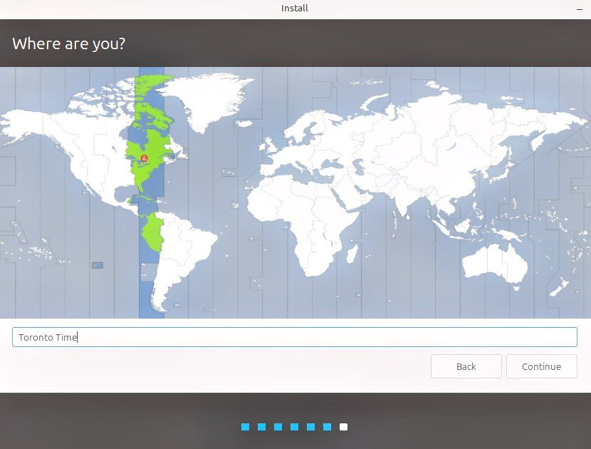 Selecting location and time zone when installing Linux Mint