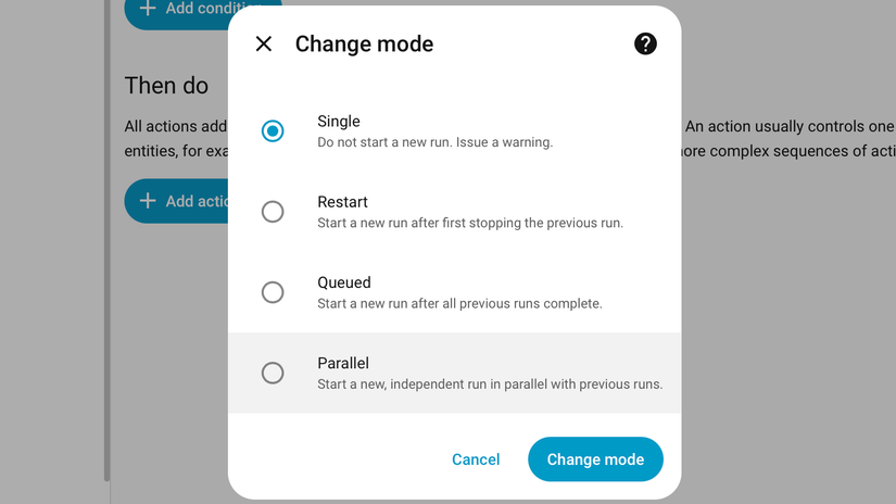 Выбор режима single в редакторе автоматизации Home Assistant.