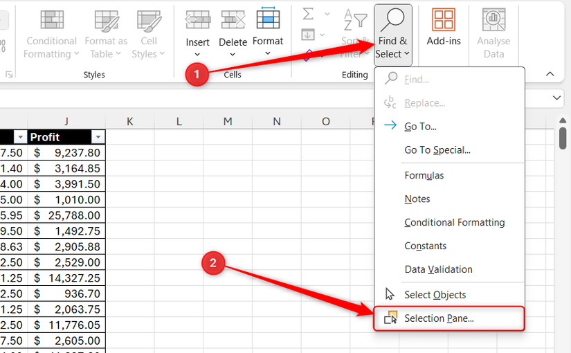 Selection Pane is highlighted in Excel's Find and Select drop-down menu.