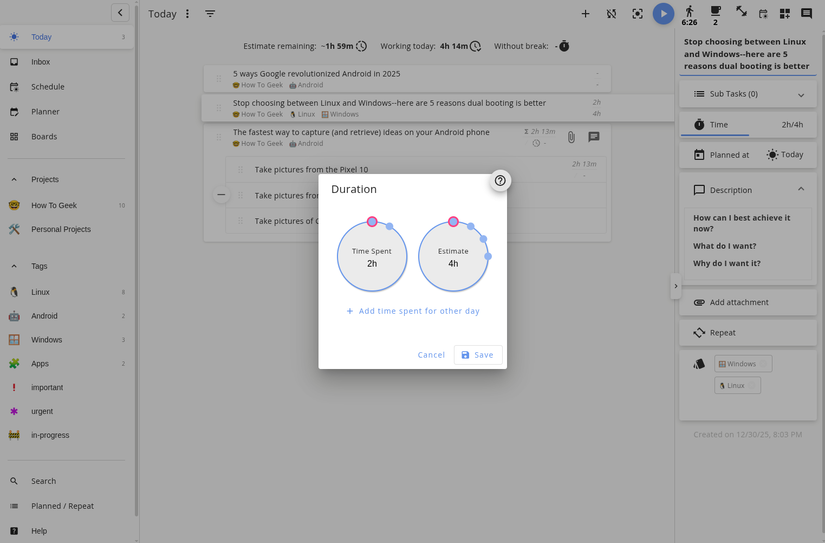 Setting the estimated time for a task in the Super Productivity app.