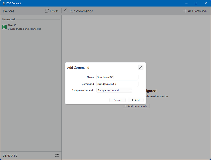 Setting the Shutdown command on KDE Connect Windows app.