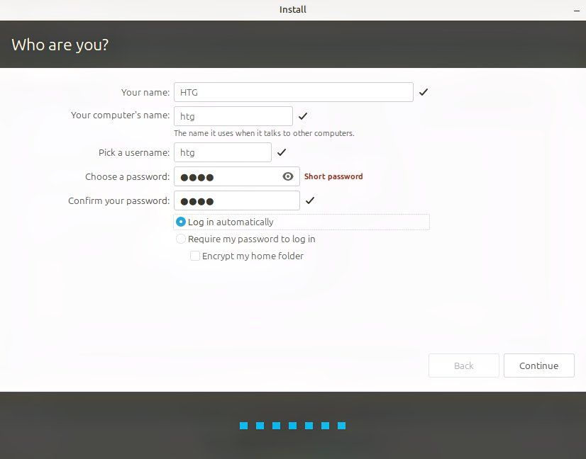 Setting up user name on Linux Mint installation page