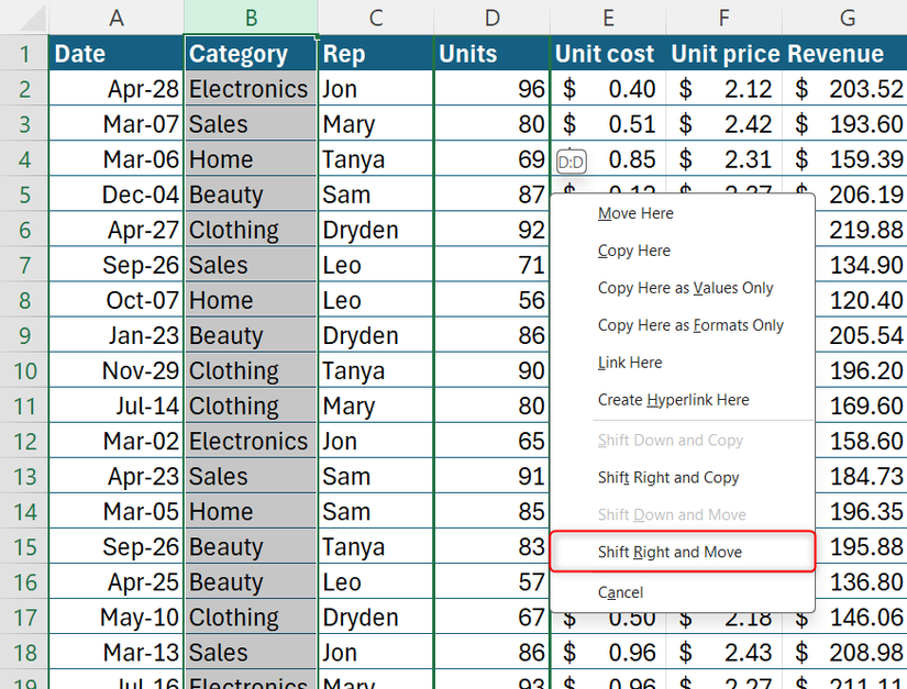 Shift Right and Move is selected in the right-click-drag menu in Microsoft Excel.