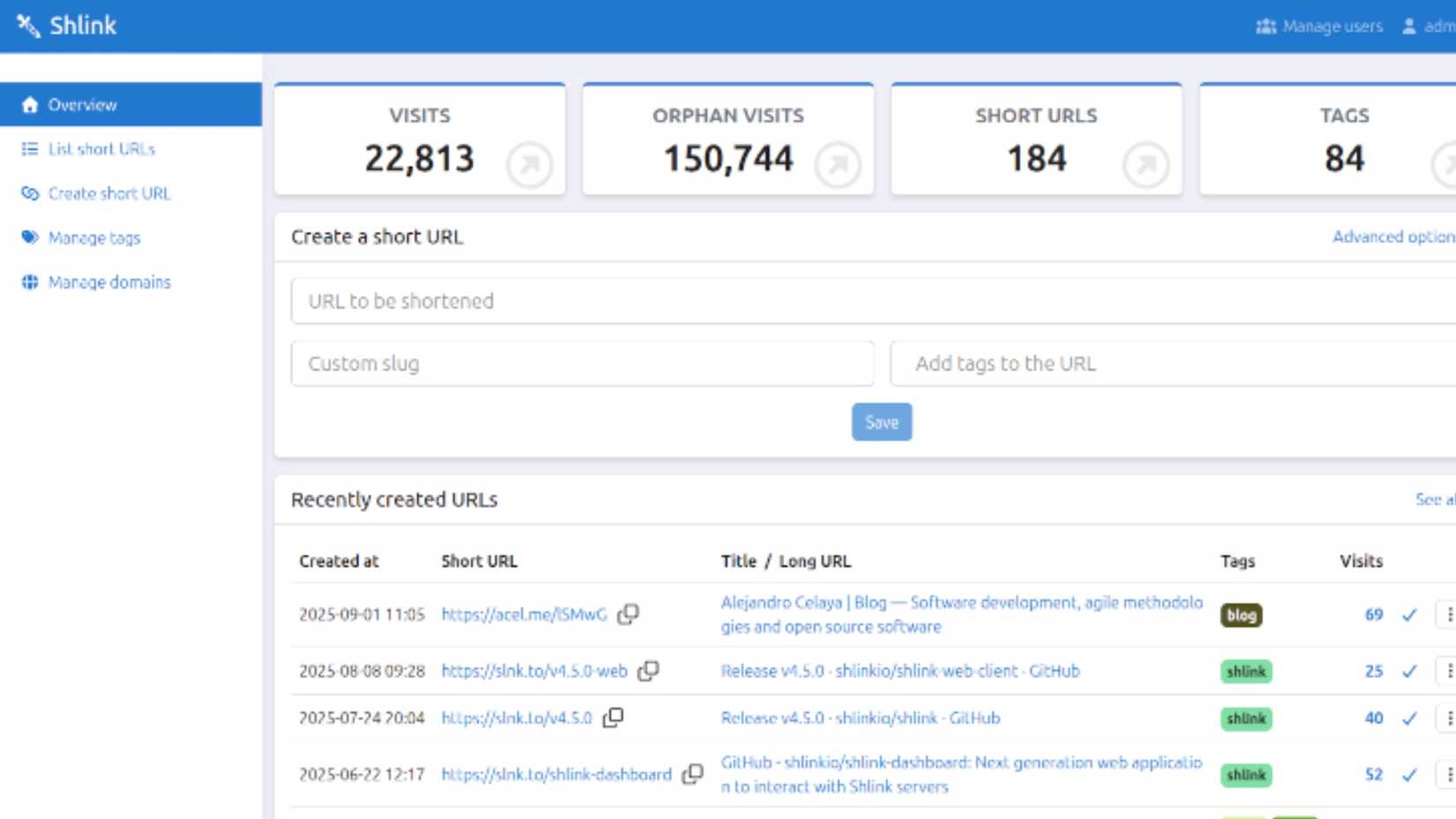 Shlink URL shortener dashboard.