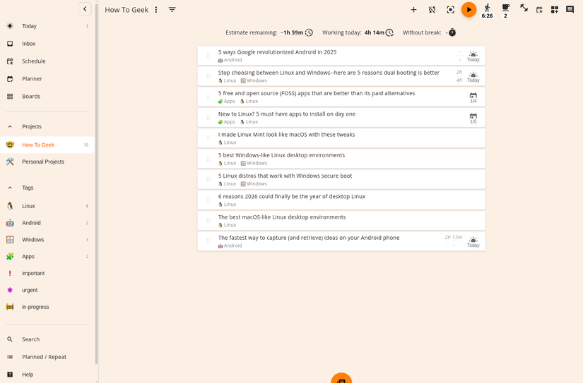 Showing all tasks in the How To Geek Project inside Super Productivity app.