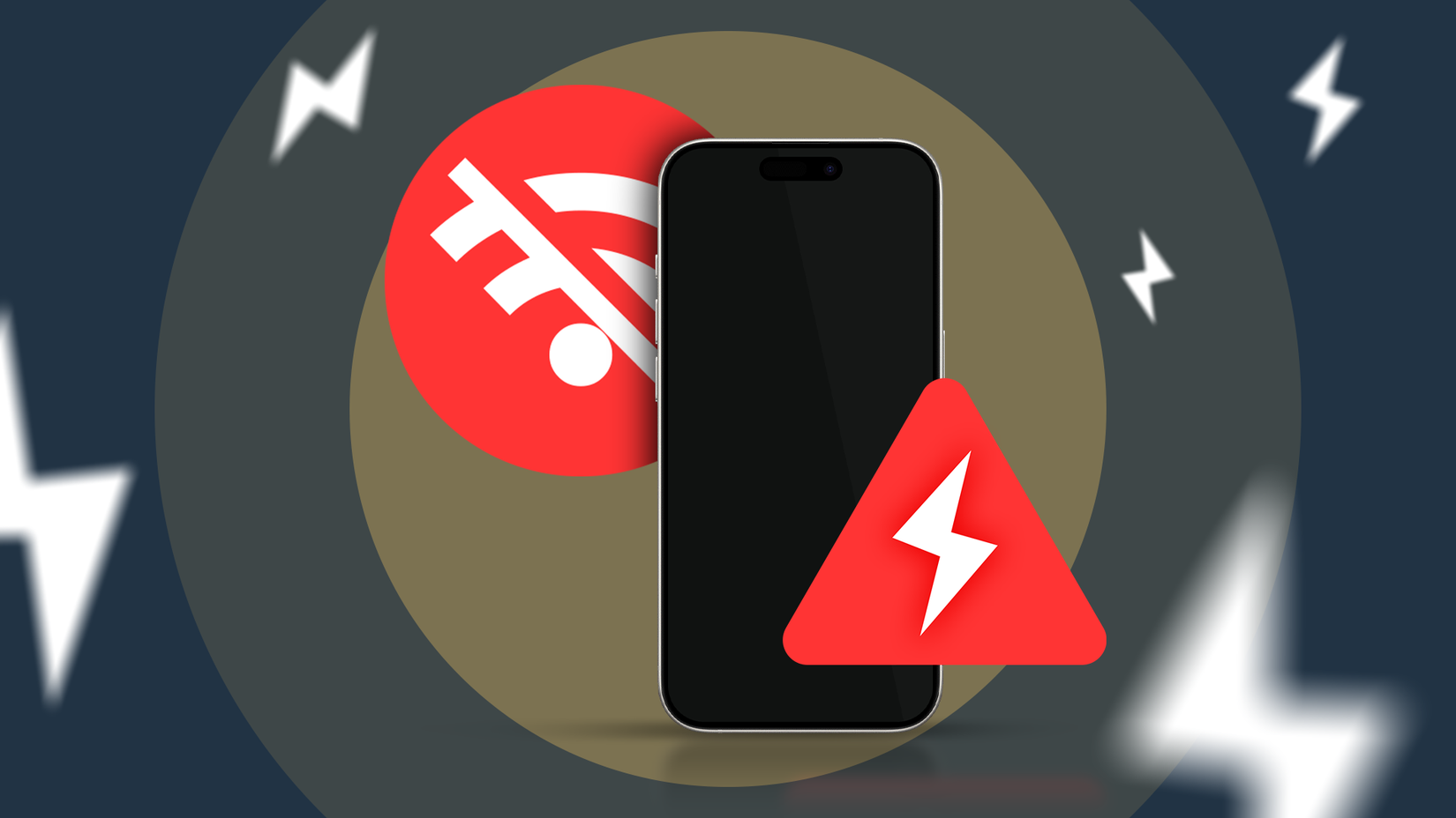 Smartphone illustration with red warning symbols indicating connection failure and network outage