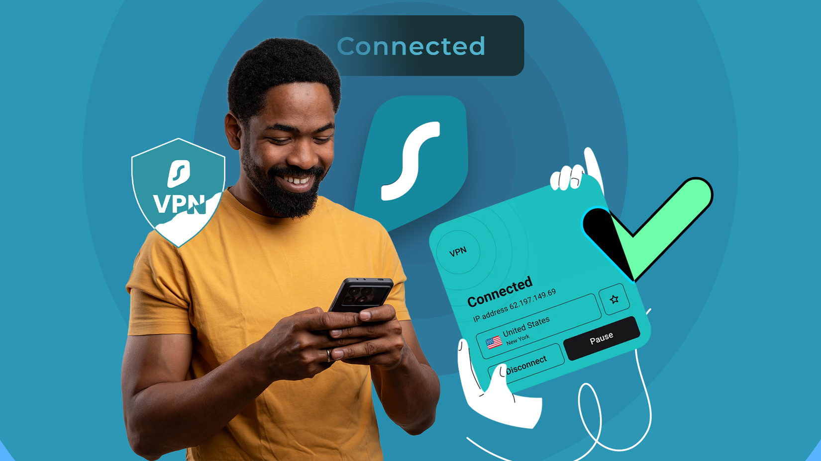 Smiling man using a smartphone with Surfshark VPN connected, status widgets, and a VPN shield in the background.