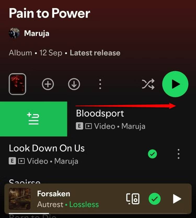 Swiping right a song in Spotify mobile app to add it to the queue. 