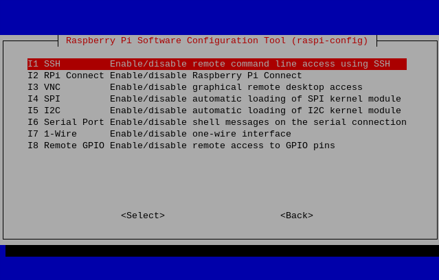 SSH and VNC setting in raspi-config for Raspberry Pi OS.